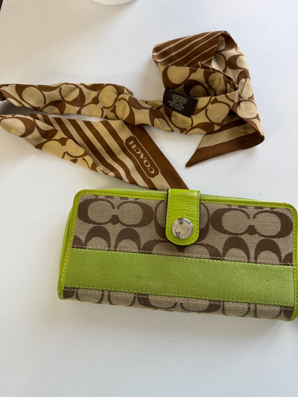 Coach Brown Signature Canvas Wallet with Lime Green Trim and purse scarf.